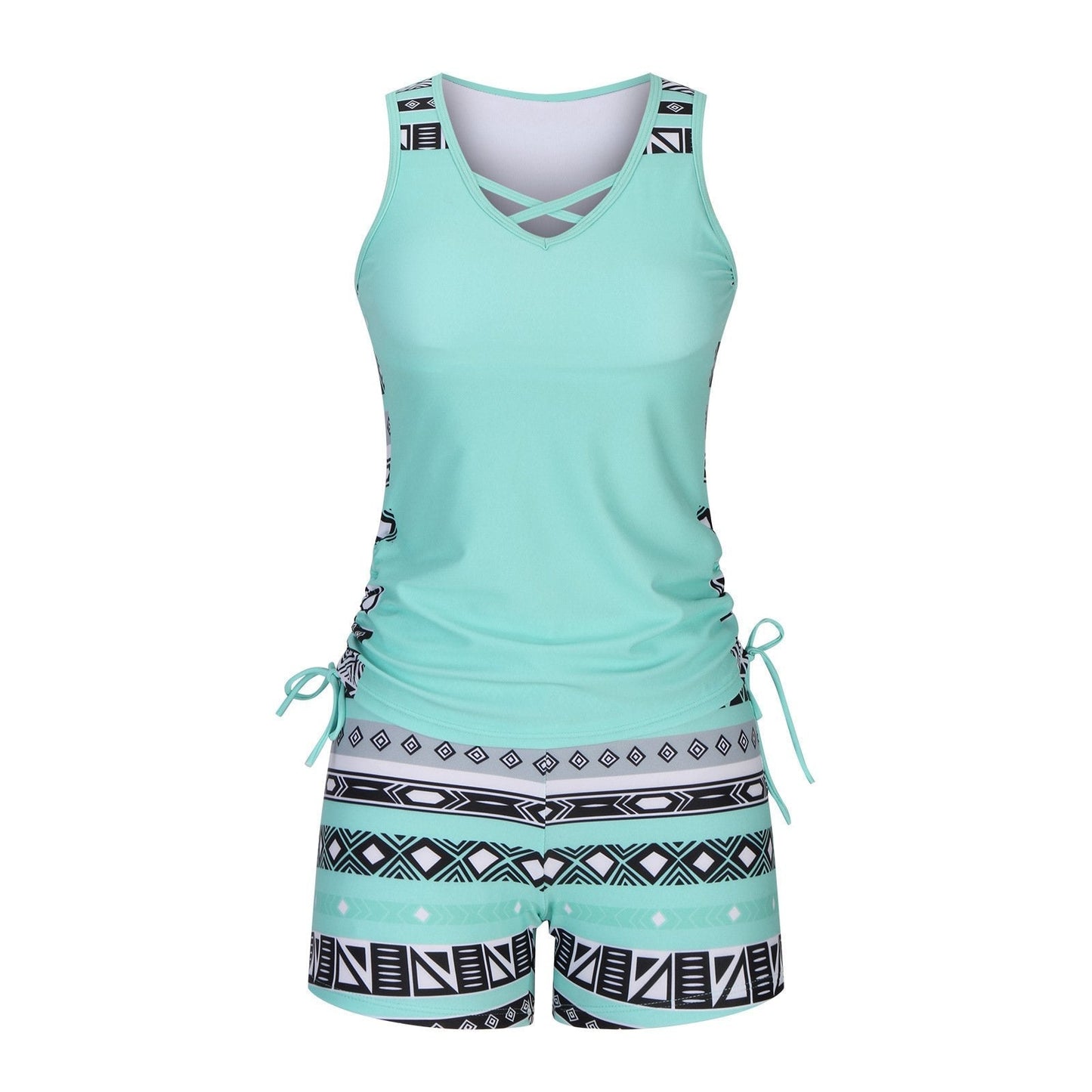 Women’s High-Waist Tummy Control Tankini Set with Built-In Bra – Boho-Inspired Two-Piece Swimwear with Boyshorts for a Flattering Fit
