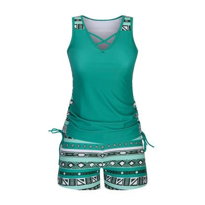 Women’s High-Waist Tummy Control Tankini Set with Built-In Bra – Boho-Inspired Two-Piece Swimwear with Boyshorts for a Flattering Fit